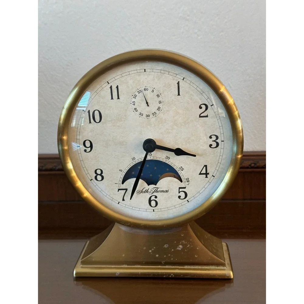 Seth Thomas‎ Metal Case Day Time Night Sun Moon Mantel Desk Clock *READ*